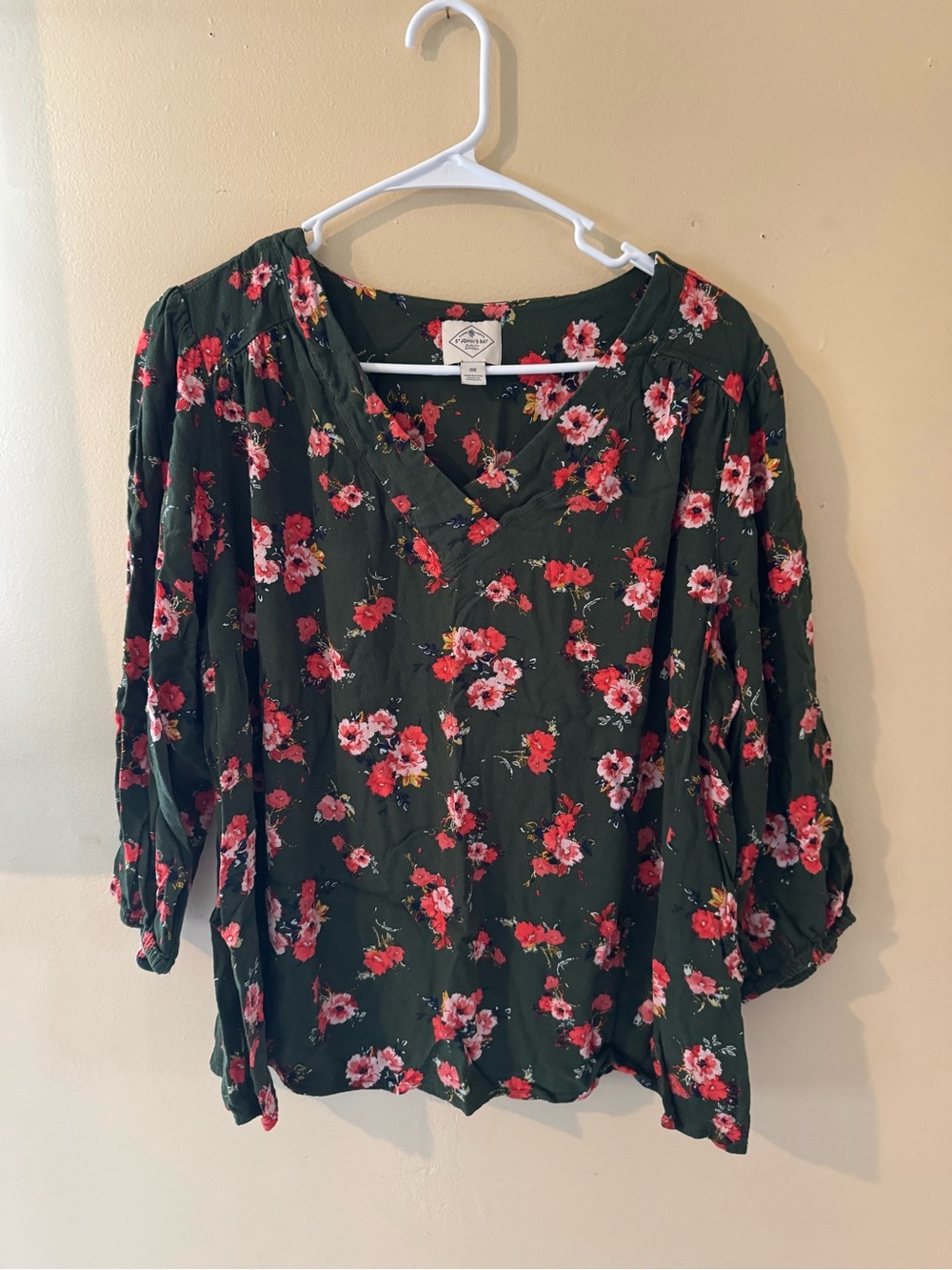 🎄5 for $20 St. John’s Bay Floral Long Sleeve Top Size 0X Dark Green